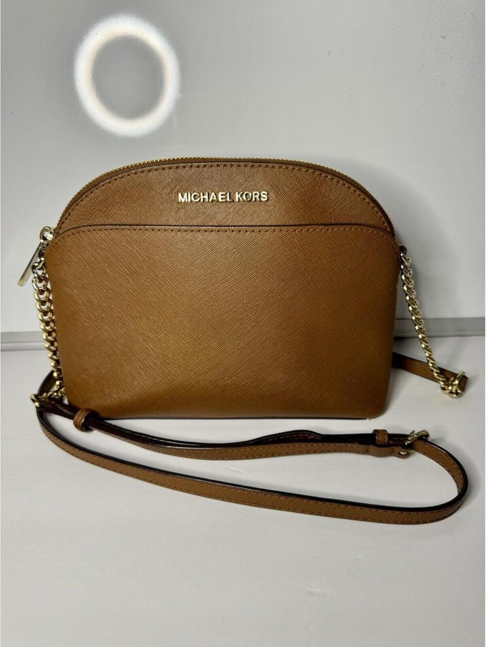 Michael Kors Jet Set Travel Saffiano Leather Dome Crossbody Bag Brown Gold